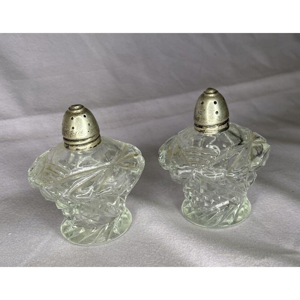 Vintage Irice NY Glass Cut Salt & Pepper Shakers Clear Silver Lids Unique Shape